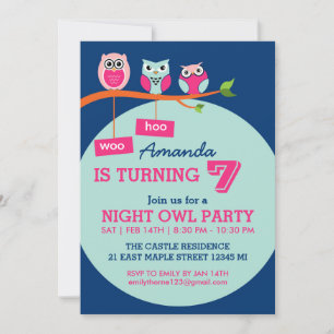 Blue Cute Owl Polka Dots Birthday Invitation Kaart