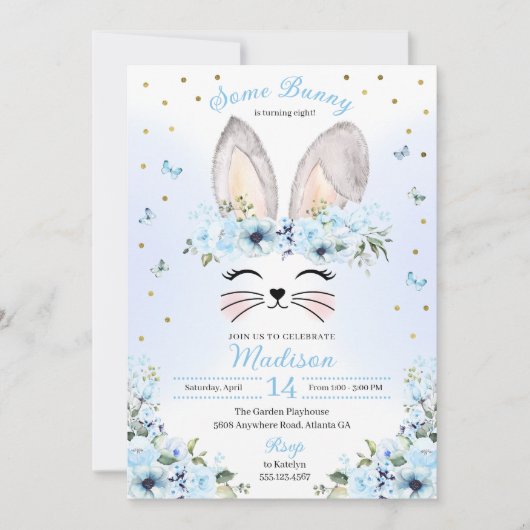 Blue Cute Rabbit Ears Floral Paasdag Kaart (Voorkant)