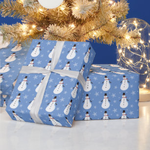 Blue Cute Snowman Snowflake Kerstmis Cadeaupapier
