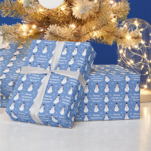 Blue Cute Snowman Snowflake Merry kerstnaam Cadeaupapier