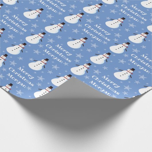 Blue Cute Snowman Snowflake Merry kerstnaam Cadeaupapier (Hoek)