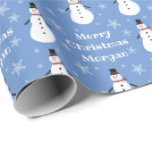 Blue Cute Snowman Snowflake Merry kerstnaam Cadeaupapier (Rol Hoek)
