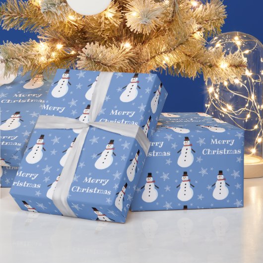Blue Cute Snowman Snowflake Merry Kerstry Cadeaupapier (Feestdagen)