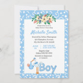 Blue Cute Stork Boy Floral Baby shower Kaart (Voorkant)