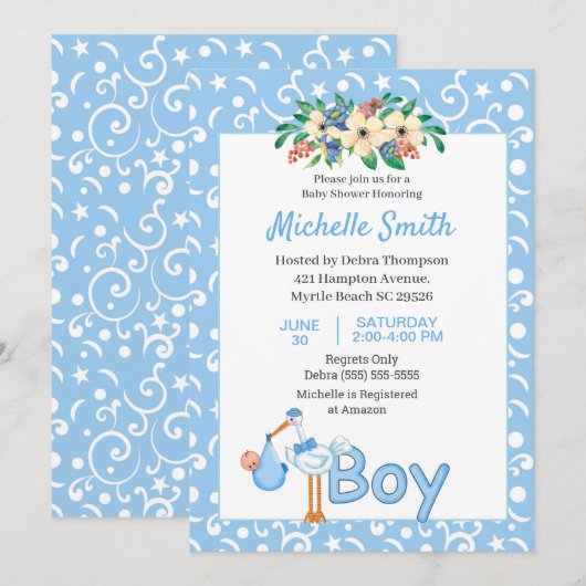 Blue Cute Stork Boy Floral Baby shower Kaart (Voorkant / Achterkant)