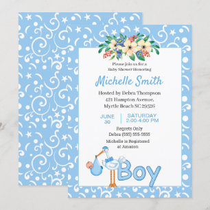 Blue Cute Stork Boy Floral Baby shower Kaart