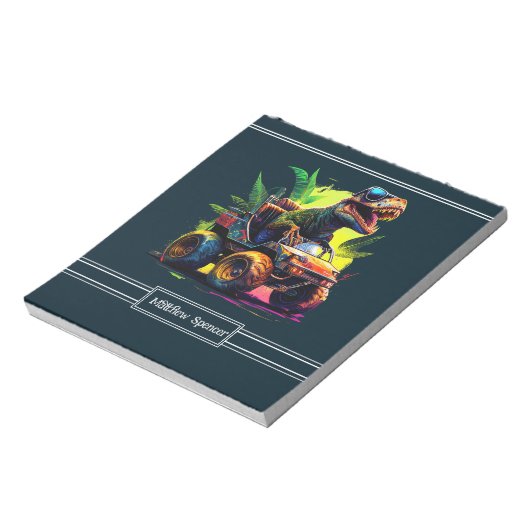 Blue Cute T-Rex Riding Monster Truck Dinosaur Name Notitieblok (Linkerzijde)