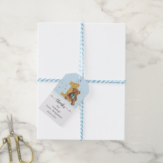 Blue Cute Teddy Bear 1e verjaardag Cadeaulabel (Met Touw)