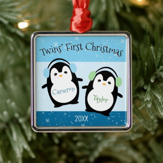 Blue Cute Twins Eerste Kerstpinguins Metalen Ornament (Boom)
