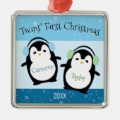 Blue Cute Twins Eerste Kerstpinguins Metalen Ornament (Voorkant)
