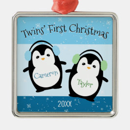 Blue Cute Twins Eerste Kerstpinguins Metalen Ornament