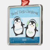 Blue Cute Twins Eerste Kerstpinguins Metalen Ornament (Links)