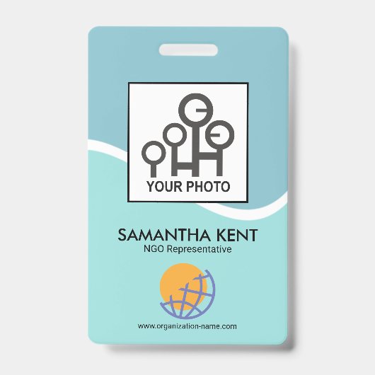 Blue Cyan Waves Foto Sjabloon ID Badge (Voorzijde)