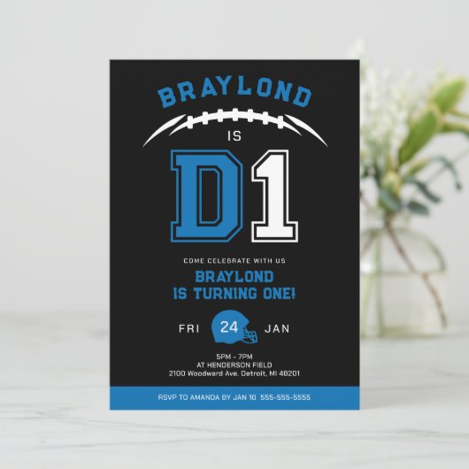 Blue D1 Amerikaans Football eerste verjaardag Kaart (Staand voorkant)