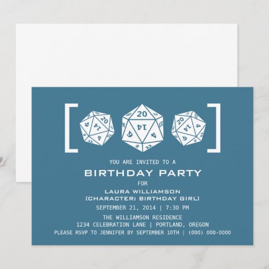 Blue D20 Dice Gamer Birthday Party Invite Kaart (Voorkant / Achterkant)