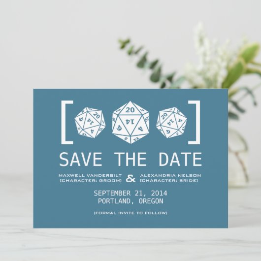 Blue D20 Dice Gamer Save the Date Invite (Staand voorkant)