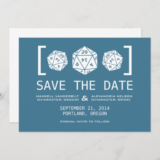 Blue D20 Dice Gamer Save the Date Invite (Voorkant / Achterkant)