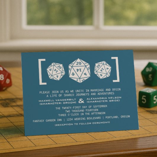 Blue D20 Dice Gamer Wedding Invitation Kaart