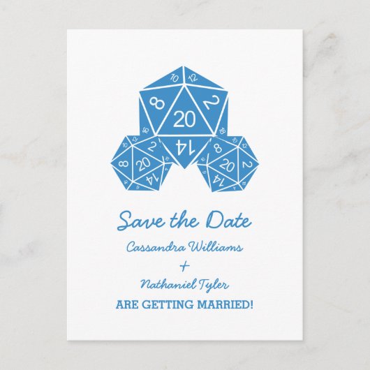Blue D20 Dice Save the Date Briefkaart (Voorkant)