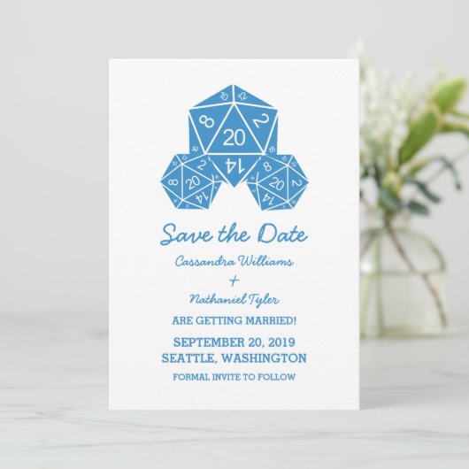 Blue D20 Dice Save the Date Invite Kaart (Staand voorkant)