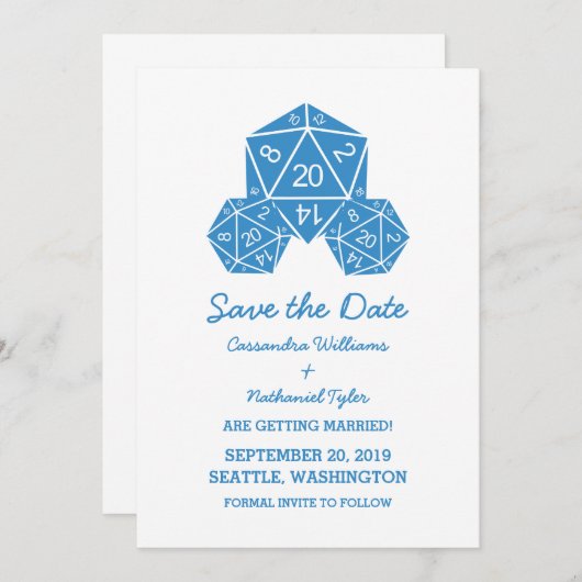 Blue D20 Dice Save the Date Invite Kaart (Voorkant / Achterkant)