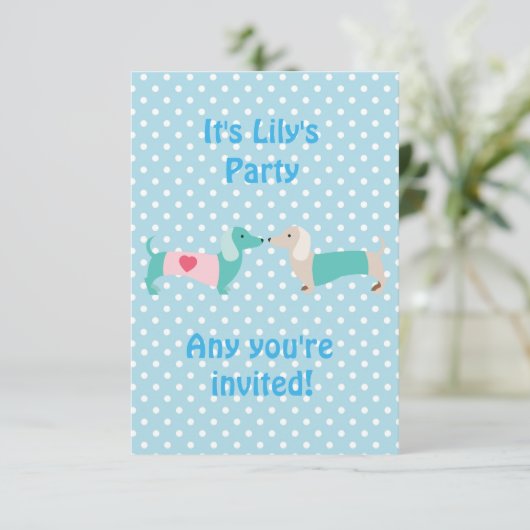 Blue Dachshund Party Invitation Kaart (Staand voorkant)