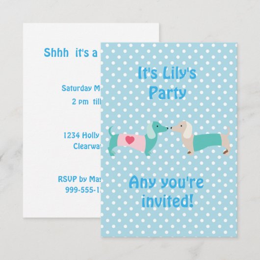 Blue Dachshund Party Invitation Kaart (Voorkant / Achterkant)