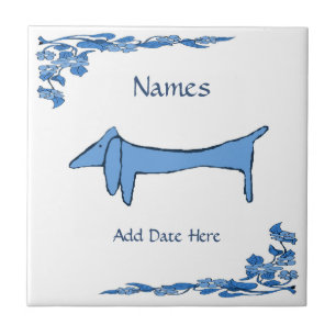 Blue Dachshund Tile, Dutch Kijk, Personalize Tegeltje