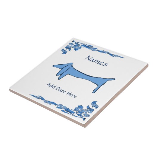 Blue Dachshund Tile, Dutch Kijk, Personalize Tegeltje (Zijkant)