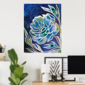 Blue Dahlia Handgemaakte Navy Blauwgroen Bloemen W Poster (Thuiskantoor)