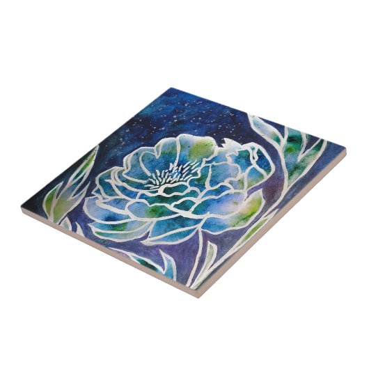 Blue Dahlia Navy Blauwgroen hemelse bloemige Water Tegeltje (Zijkant)