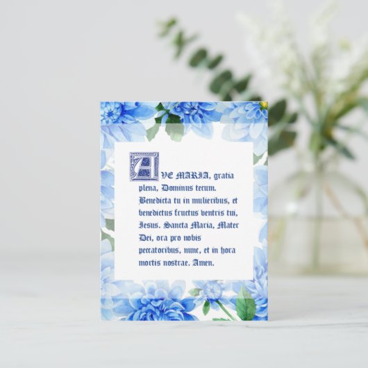 Blue Dahlias | Ave Maria Latijn | Hail Mary Briefkaart (Staand voorkant)