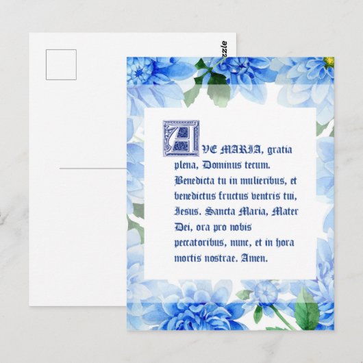 Blue Dahlias | Ave Maria Latijn | Hail Mary Briefkaart (Voorkant / Achterkant)