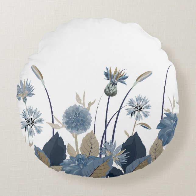 Blue Dahlias Cornflower Rond Kussen (Voorkant)