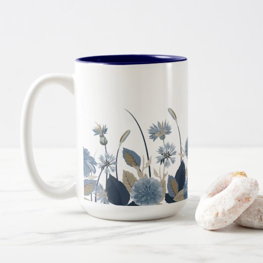 Blue Dahlias Cornflower Tweekleurige Koffiemok (Met donut)