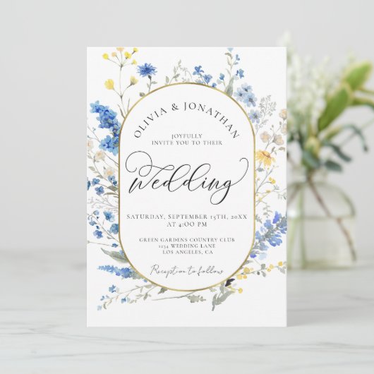 Blue Dainty Gold All in 1 Budget QR Code Trouwen Kaart (Staand voorkant)