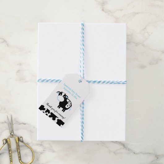 Blue Dairy Koe Baby shower Gift Label Cadeaulabel (Met Touw)