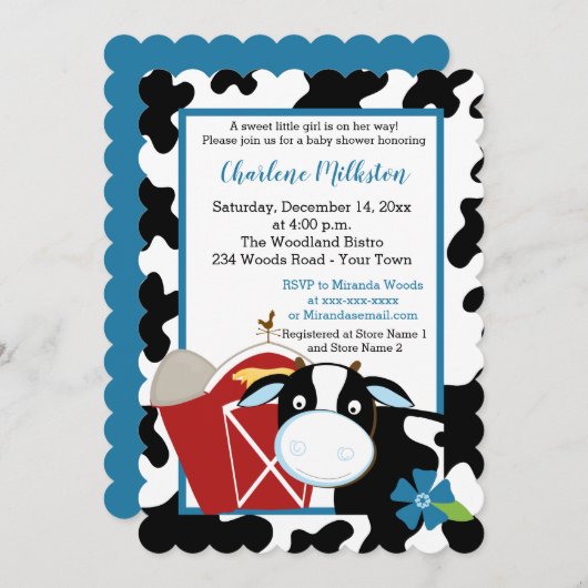 Blue Dairy Koe Boy Baby shower Invitation Die Cut Kaart (Voorkant / Achterkant)