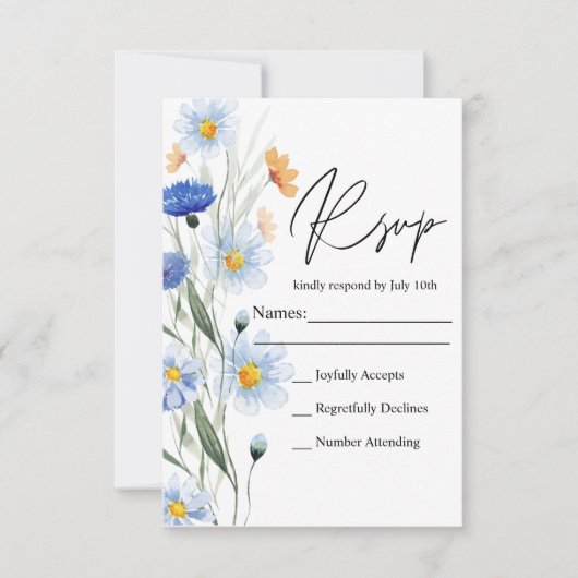 Blue Daisies Floral Wedding RSVP Kaartje (Voorkant)