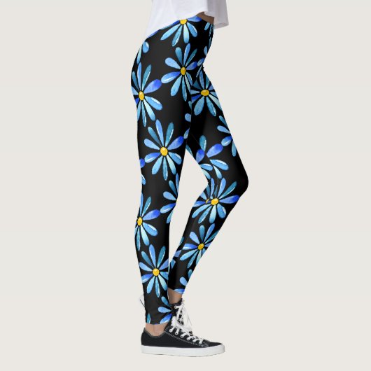 Blue Daisies on-Black Custom Leggings (Rechts)
