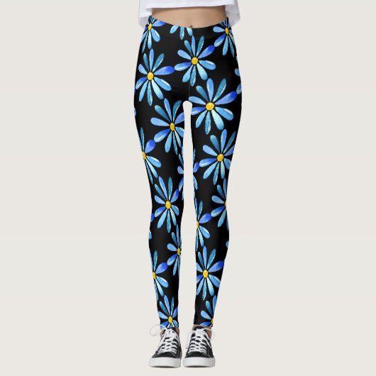 Blue Daisies on-Black Custom Leggings (Voorkant)