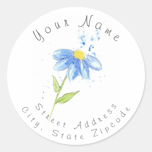 'Blue Daisy' Adreslabel Ronde Sticker (Voorkant)