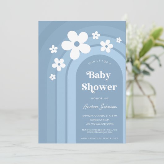 Blue Daisy Boho Rainbow Ombre 70s Baby shower Kaart (Staand voorkant)