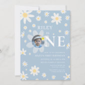 Blue Daisy First 1st Birthday Photo invitation Kaart (Voorkant)