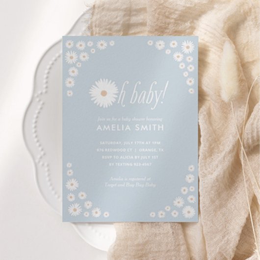 Blue Daisy Floral Boho Baby shower Invitation Kaart