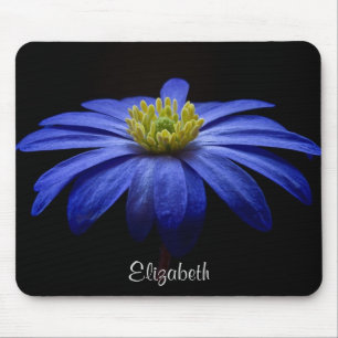 Blue Daisy Flower on Black Personalized Muismat