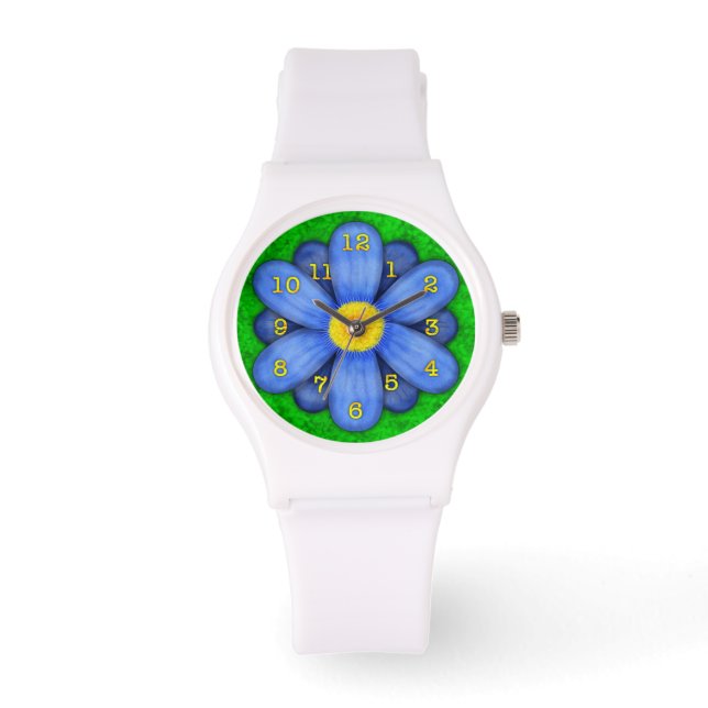 Blue Daisy Flower on Green Beauful Horloge (Voorkant)