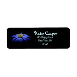 Blue Daisy Gerbera Flower op een zwarte achtergron Etiket