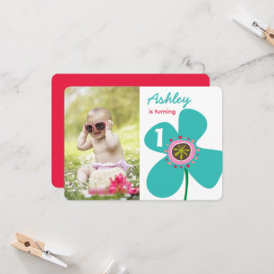 Blue Daisy Pop Flower Cute Photo Girl 1e verjaarda Kaart