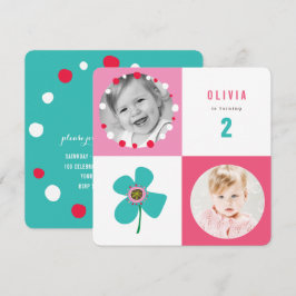 Blue Daisy Pop Squares Girl Birthday Foto nodigt u Kaart